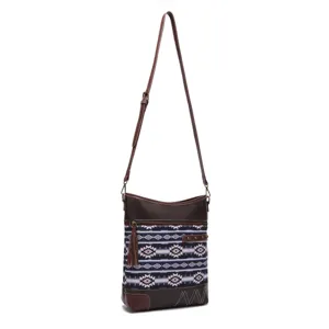 Detail view of bohemian Aztec print crossbody bag with vintage brown leather trim design