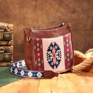 Bolso Bandolera Boho Vintage Western con Correa Bordada de Patrones Geométricos
