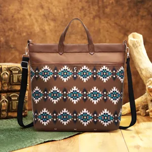 Vintage Bohemian Aztec print waterproof nylon tote bag shown with rustic wooden props