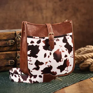 Women Western Vintage Bohemian PU Leather Crossbody Bag Cow Snake Print Patchwork Small Square Bag Shoulder Bag With Wide Strap