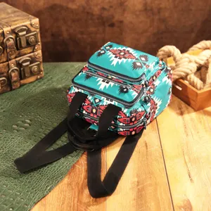 Detalle de mochila bohemia azteca con patrones geométricos y cremalleras múltiples