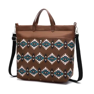 Vintage Aztec print waterproof nylon tote bag with leather handles and crossbody strap
