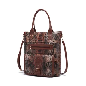 Detailed close-up view of a retro snakeskin pattern tote bag featuring brown leather handles