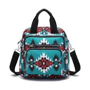 Mochila con estampado azteca bohemio con bolsillos de cremallera y correas