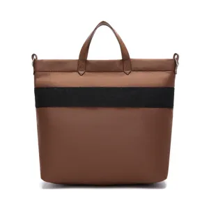Brown waterproof twill handbag with black stripe detail for women