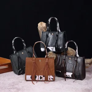 Western Vintage Women PU Leather Handbag Bohemian Mini Crossbody Bag With Cow Leopard Print Tassels Chain Shoulder Strap