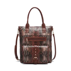 Vintage snakeskin pattern tote bag with front buckle pocket and handle detail design