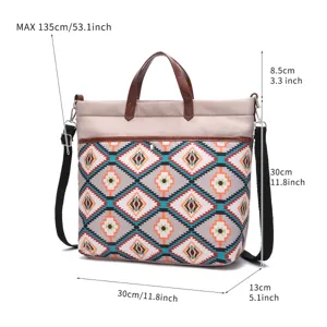 Detailed dimension guide for Bohemian Aztec print waterproof tote crossbody bag
