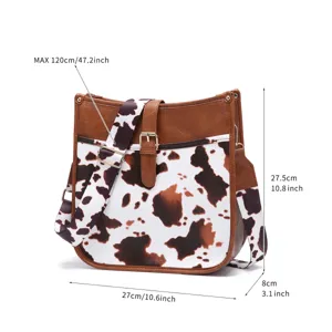 This is a detailed size diagram for the western vintage cow print crossbody bag.