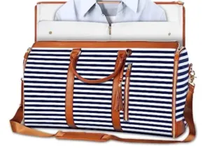 Gran bolsa de viaje a rayas con ribete de cuero PU y el compartimento para ropa
