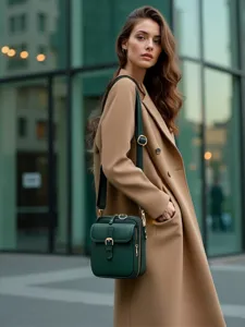 Bolso bandolera verde oscuro con detalles dorados llevado por una modelo en un entorno urbano