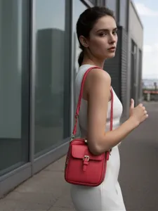 Bolso bandolera de cuero rojo para mujer llevado por una modelo en entorno urbano.