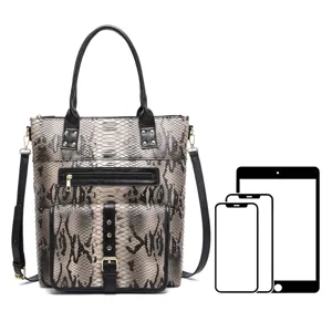 Vintage snakeskin tote bag size comparison with tablet and smartphones