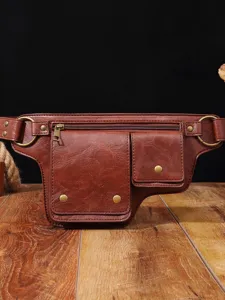Riñonera vintage de cuero PU marrón estilo motero con correa ajustable