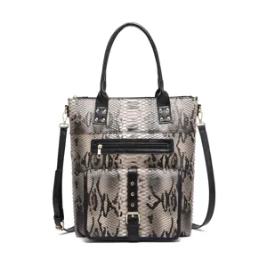 Front view of a vintage faux snake skin tote bag with black handles and gold hardware.