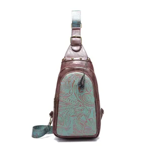 Bohemian vintage floral print sling chest bag for women with brown leather details