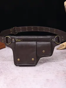 Riñonera de moto vintage marrón oscuro con cinturón ajustable y herrajes de latón