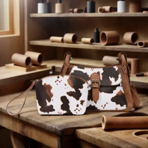 Detalle del bolso de hombro con estampado de vaca y estuche en un banco de trabajo.