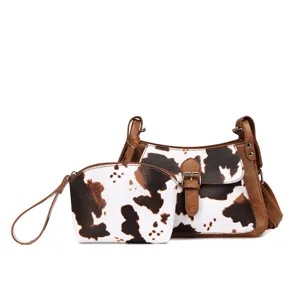 Bolso de hombro con estampado de vaca western y estuche a juego con hebillas retro
