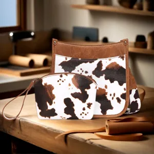 Juego de bolso de hombro con estampado de vaca y estuche de muñeca en una mesa de taller