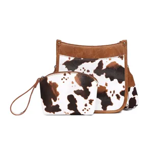 Juego de bolso bandolera vintage con estampado de vaca y neceser de estilo bohemio