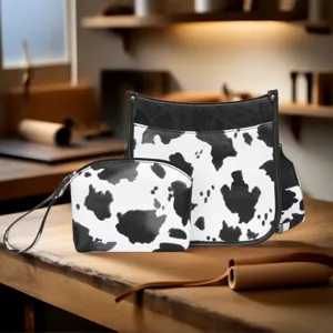 Set de bolsos boho con estampado de vaca, bolso bandolera y estuche a juego