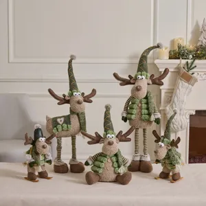 Set of alfalfa green plush reindeer dolls with festive winter hats for home decor
