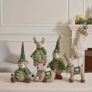 Alfalfa green Christmas plush bear and reindeer toy ornaments for holiday decor set
