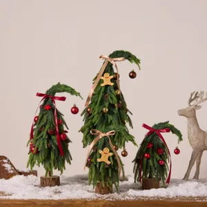 Sapin de Noël Artificiel en PE à Sommet Courbé Mini Sapin de Noël de Bureau Avec Base en Bois pour Décoration de Table Maison Bureau