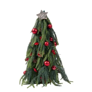 Tabletop Norfolk pine Christmas tree with red ornaments and wooden star topper decor