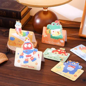 Detailed view of colorful cartoon animal greeting cards with hand-drawn illustrations