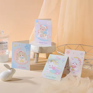 Detailed macro view of cute cartoon animal greeting cards with pastel illustrations
