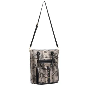 Full view of vintage snakeskin pattern tote bag with adjustable black shoulder strap
