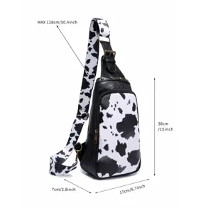 Detailed dimension diagram of the retro cow print sling bag for women in white background