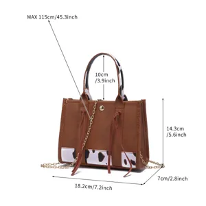 Size diagram for Western vintage mini crossbody bag with cow print and chain strap