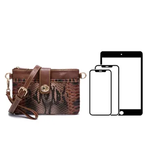 Brown snakeskin small crossbody bag visual size comparison with tablet and smartphones