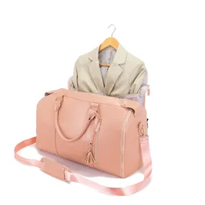 Bolsa de viaje grande de cuero PU rosa con función de porta trajes interior