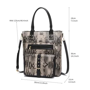 Vintage snake print tote bag with detailed dimension measurements in inches and cm