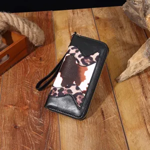 Böhmische lange Clutch-Geldbörse mit Leoparden- und Kuhmuster und Handgelenkschlaufe