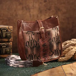 Vintage Bohemian women's crossbody bag with snakeskin print and adjustable wide strap