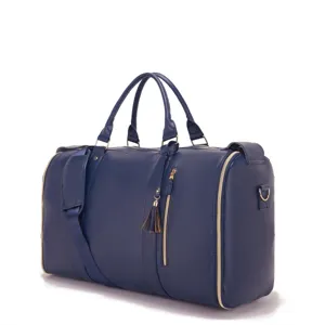 Elegante bolsa de viaje en cuero PU azul marino con herrajes dorados y detalle borla