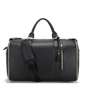 Elegante bolsa de viaje de cuero PU negro con correa de hombro y detalle de borla