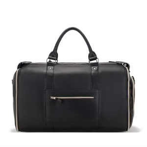Vista detallada de una gran bolsa de viaje de cuero PU negro con bolsillo de cremallera frontal