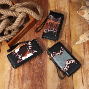 Vintage Bohemian Damen Clutch-Geldbörsen mit Leopardenmuster und Blumenprägung aus Leder