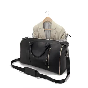 Bolsa de viaje grande de cuero PU negro para mujer con percha para trajes y almacenamiento