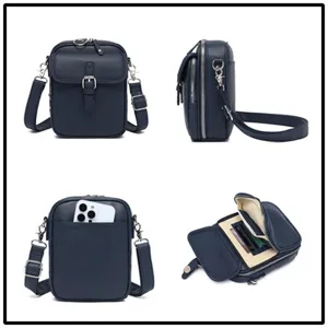 Varias vistas de un bolso bandolera de cuero azul marino con ranuras para tarjetas.