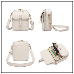Vista detallada de un bolso bandolera unisex crema desde varios ángulos con interior