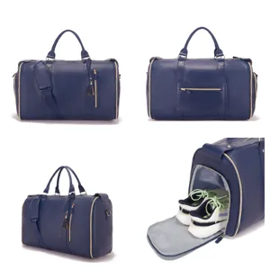 Bolso de viaje grande azul en cuero PU con compartimento para zapatos y varias vistas.