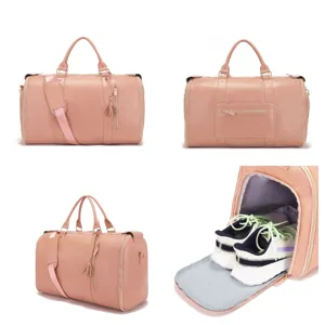 Bolsa de viaje grande de cuero PU rosa con un compartimento separado para los zapatos
