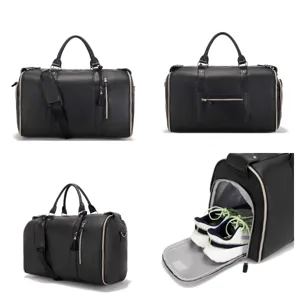 Vistas detalladas de la bolsa de viaje de cuero PU negro con compartimento para zapatos